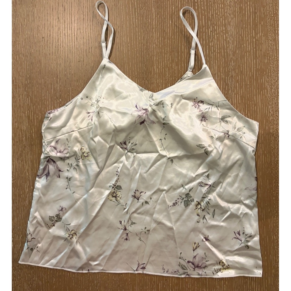 Women's Satin Floral Cami Tank Top Ivory Sleeveless Adjustable Straps Size L